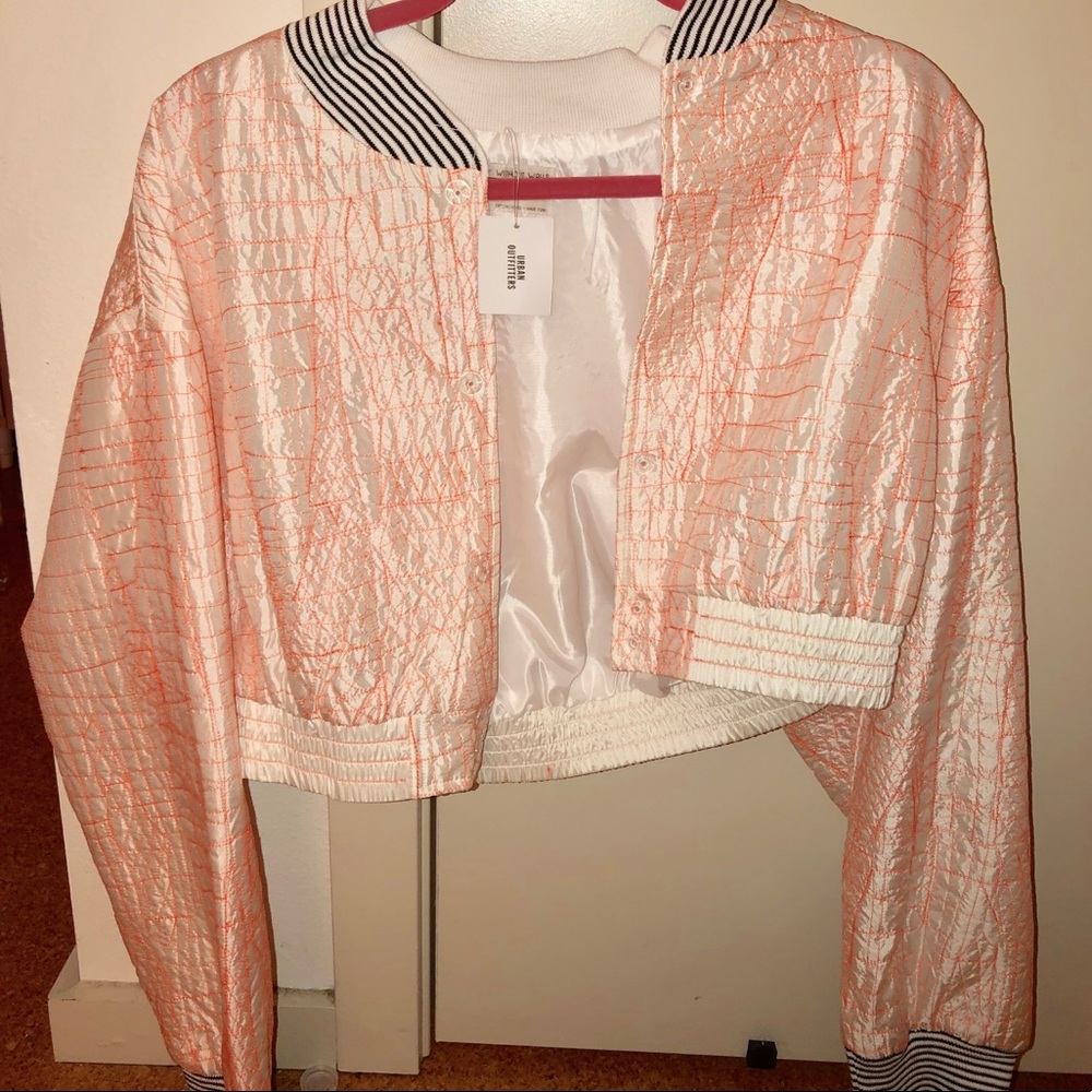 🚫SOLD🚫 White bomber jacket with Neon Orange